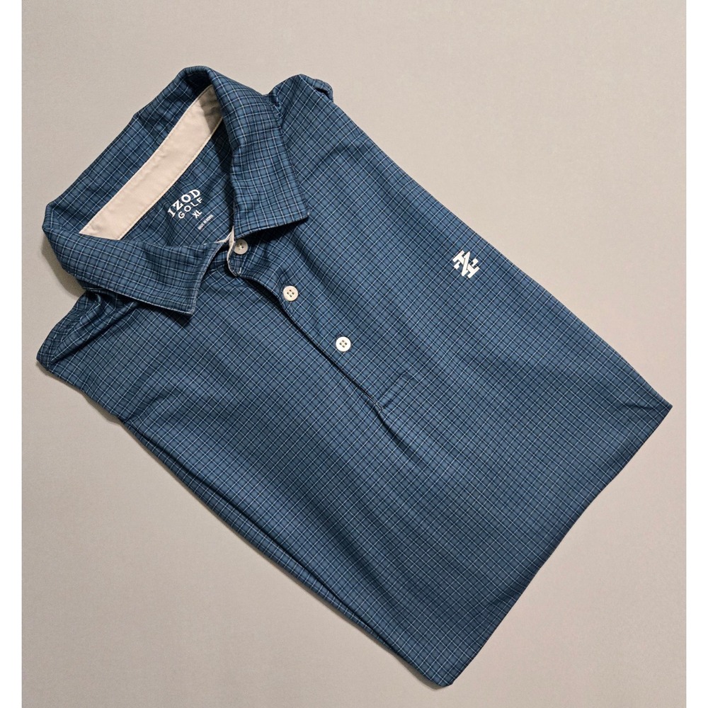 IZOD Golf Polo Mens XL‎ Blue Plaid Performance Stretch Button Polyester Blend